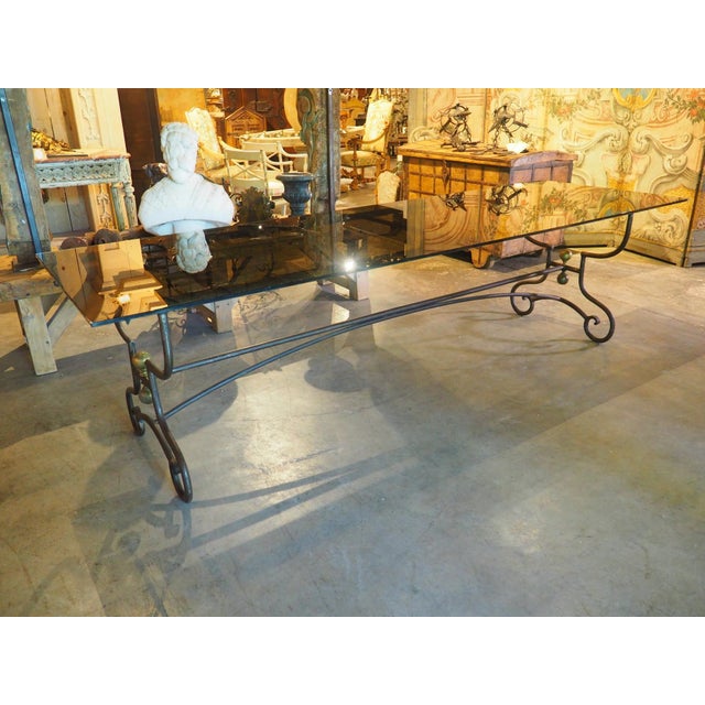 Metal A French 1970s Wrought Iron and Brass Dining Table With Smoked Glass Top For Sale - Image 7 of 18