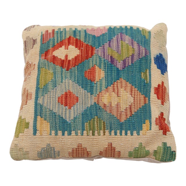 Arteverk Handwoven Afghan Kilim Pillow — Green & Red Zigzag Diamonds For Sale
