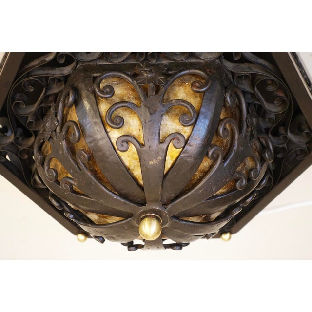 Metal 1950s Spanish Revival Mica Wrought Iron Brass Elaborate Octagon Light Ceiling Lamp For Sale - Image 7 of 11