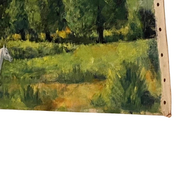 1960s 1960s Vintage Original Painting White Horse in a Field With Trees, Mountains, and a Red Barn For Sale - Image 5 of 5