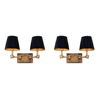 Vintage Brass Metal Double Wall Lamps with Black Fabric Shades, Set of 2 For Sale
