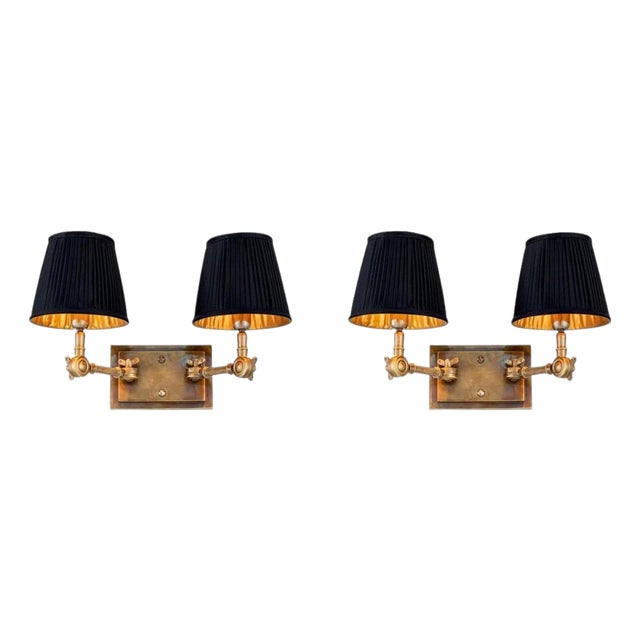Vintage Brass Metal Double Wall Lamps with Black Fabric Shades, Set of 2 For Sale