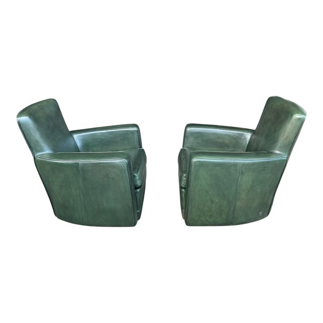 American Leather 1970s Pair of 180° Swivel Lounge Chairs in Dark Green Patinated Leather For Sale - Image 4 of 14