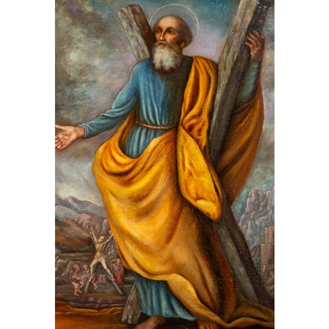 A striking Spanish Baroque painting depicting Saint Andrew, executed in oil on canvas during the 18th century and...