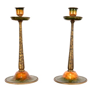 Louis Comfort Tiffany Furnaces Favrile Bronze and Enamel Candlesticks, Pair For Sale