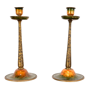 Louis Comfort Tiffany Furnaces Favrile Bronze and Enamel Candlesticks, Pair