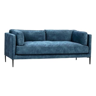 Brand New Modern Sofa/ Couch in Denim Blue Velvet Upholstery Solid Wood Frame. For Sale