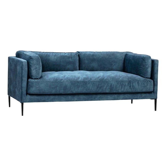 Brand New Modern Sofa/ Couch in Denim Blue Velvet Upholstery Solid Wood Frame. For Sale