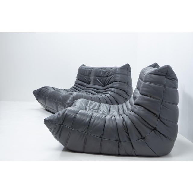 Togo Set in Grey Leather by Michel Ducaroy for Ligne Roset, 1990s, Set of 2 For Sale - Image 9 of 15