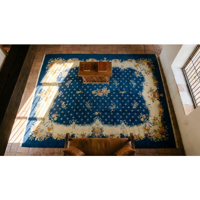 1930s Blue Navy Roses 4 Star Antique Chinese Art Deco Carpet 9' X 11'4" Knotted Wool Rug For Sale - Image 15 of 17
