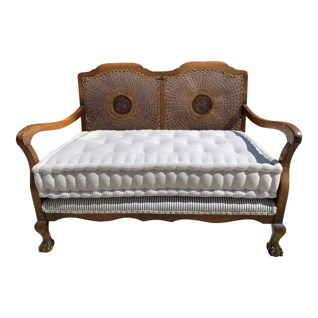 Antique English Oak Medallion Cane Back Bench Settee For Sale