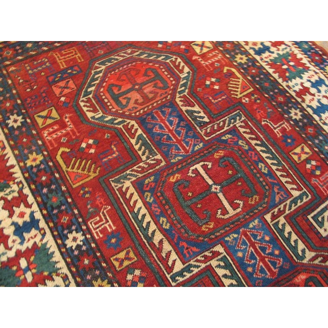 Tribal 1890s Red Medallion Antique Caucasian Kazak Rug 4'6" X 5'9" Handknotted Wool Carpet For Sale - Image 3 of 5
