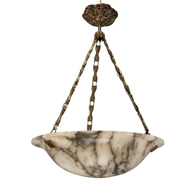French Art Deco White Alabaster Pendant Light with Dark Veining, 1920 For Sale