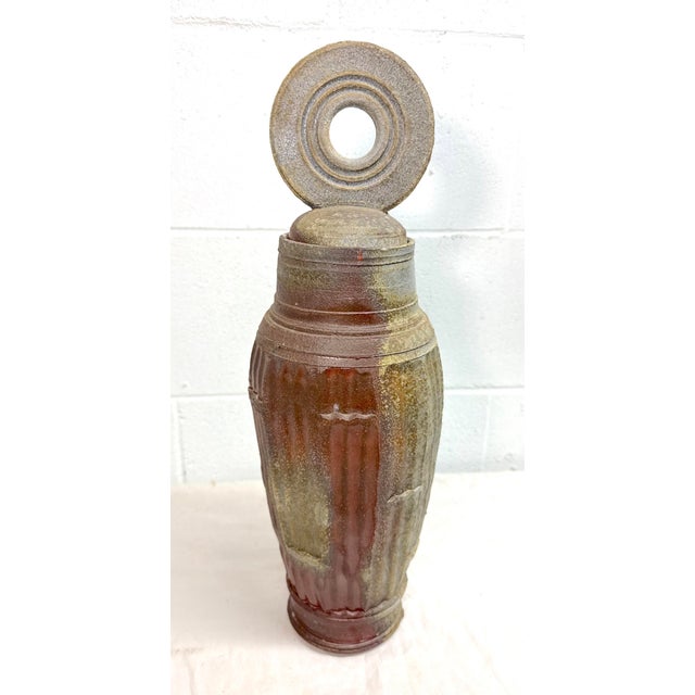 Brutalist Large Handmade Signed Lewis Pottery Lidded Vase Urn Brutalist Sculpture Statue For Sale - Image 3 of 15