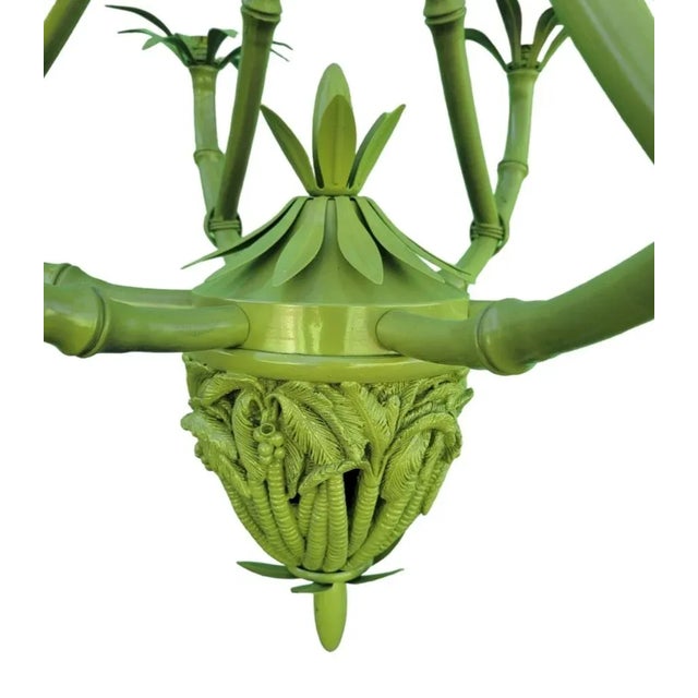 Currey & Company Vintage Custom Painted Pale Green Carved Palm Tree Faux Bamboo Iron 6 Light Regency Chandelier For Sale - Image 4 of 10