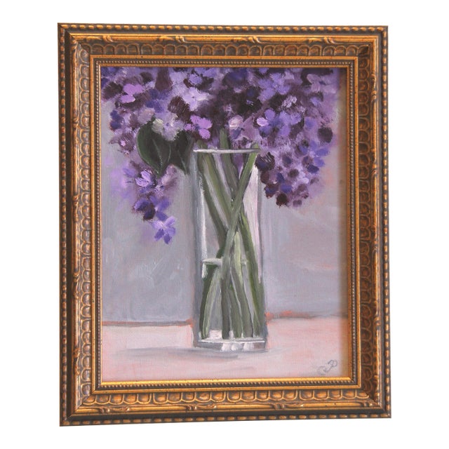 Floral Still Life Lilac Impressionist Botanical Gray Lavender Green Oil Painting by Cleo Plowden For Sale