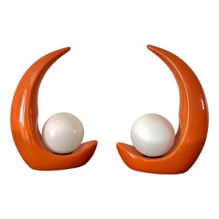 Coral Ceramic Lamps with White Globes by Luigi Ferro, Italy, 1970, Set of 2 For Sale
