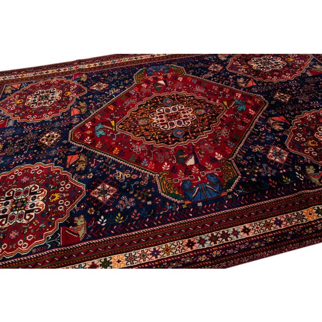 Blue Vintage Handmade Persian Blue Medallion Wool Rug 6'8" X 10'2" For Sale - Image 8 of 12