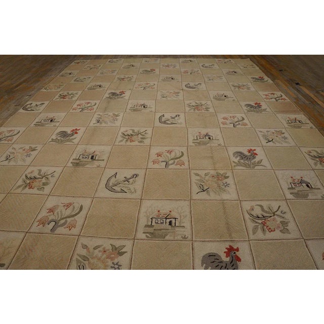 Antique American Hooked Rug, Size: 10'0" x 13'9". Antique American Hooked Rug Large Wool Ivory, Country of Origin:...