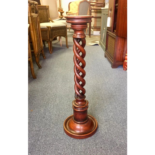 Beautiful, rich monumental candlestick made from barley wood. Three twists, grooved base and top, and brass candle holder.