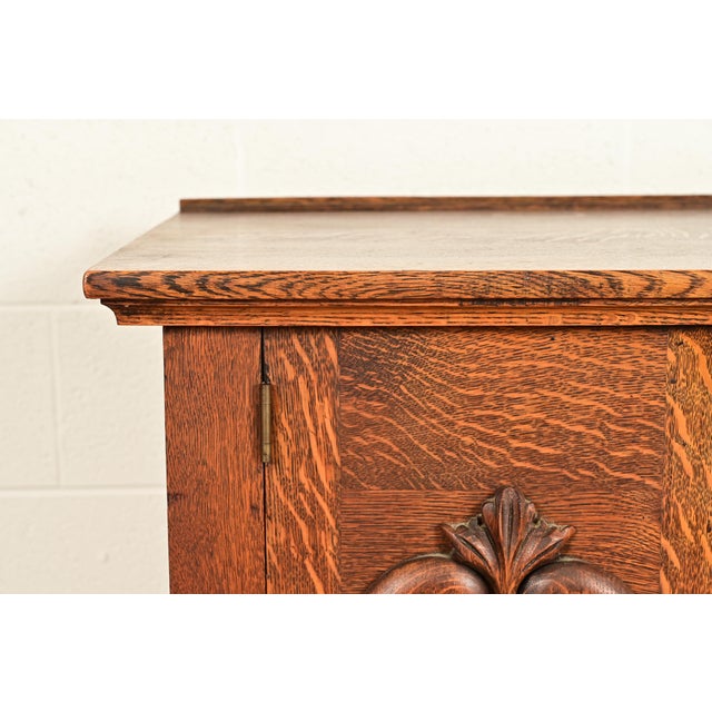 Antique Victorian Carved Tiger Oak Sideboard or Bar Cabinet, Circa 1890s For Sale - Image 9 of 16