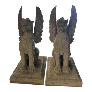 Pair of Monumental Neoclassical Cast Iron Winged Griffin Statues