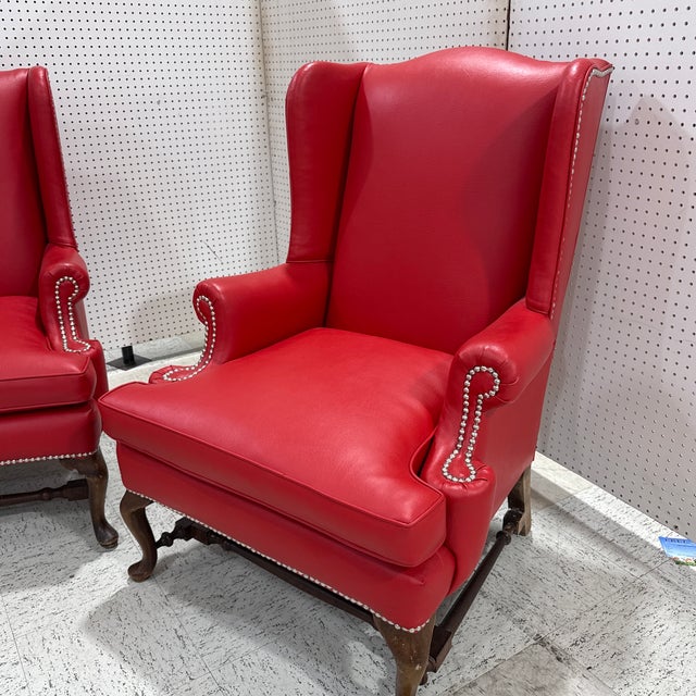 1970s Vintage Pair of Red Leather Wingback Chairs For Sale - Image 5 of 7