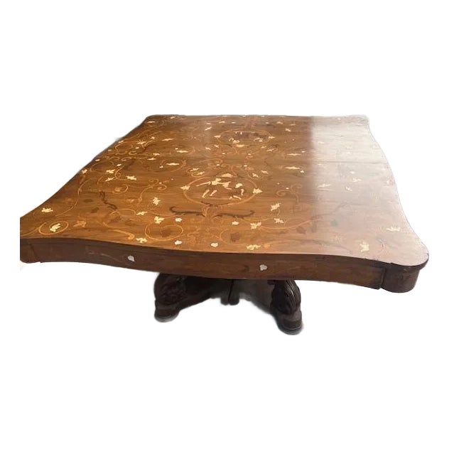 Italian Large Carved Center Table Marquetry Inlay to the Top. For Sale