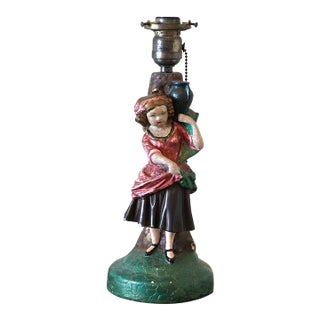 1930s American Chalkware Lamp of a Lady With Pot. Original Paint, Cord and Pull Chain For Sale