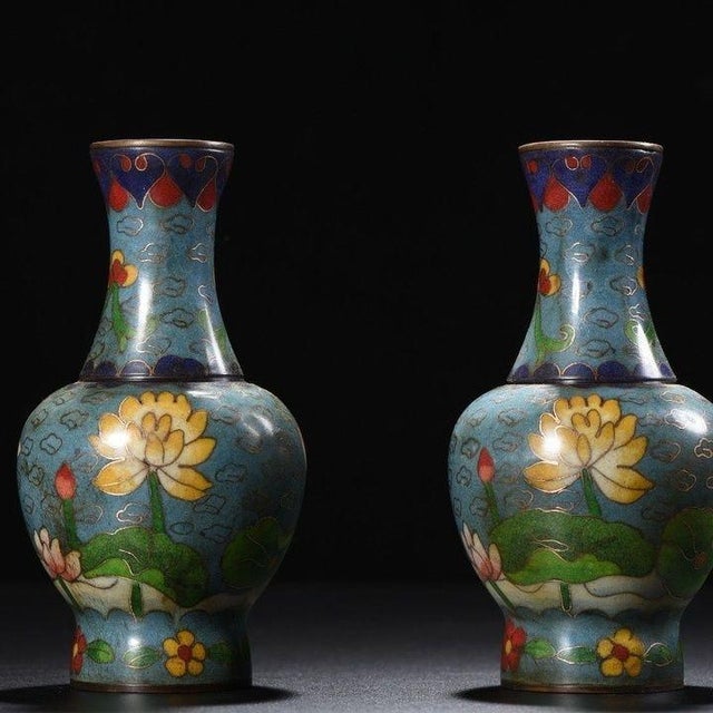 Pair of Vintage Chinese Cloisonné "Lotus" Appreciation Vases - 1100g For Sale - Image 4 of 9