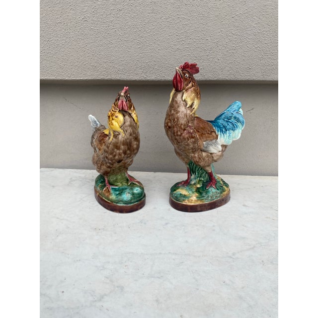 Pair of French Majolica Rooster & Hen attributed to George Dreyfus Circa 1890. Hen : H / 8" ,5.5" by 3" Rooster : H / 10"...