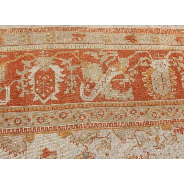 Antique Turkish Floral Oushak Rug in Cream, Rust Red, Orange and Green For Sale - Image 10 of 12
