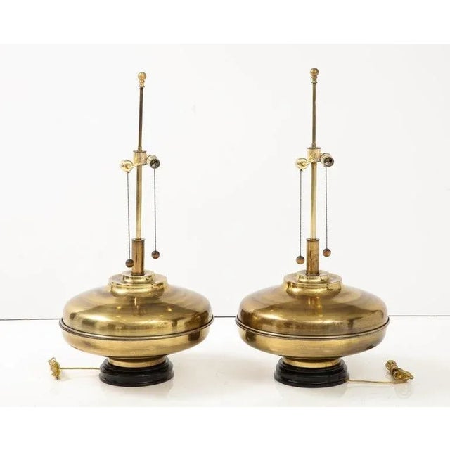 1970s Modern Oversized Brass Table Lamps with Wood Lacquer Base - A Pair For Sale - Image 9 of 12