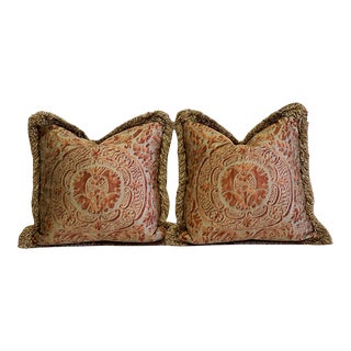 Contemporary Hand-Printed Fortuny Red and Gold Pillows- a Pair For Sale