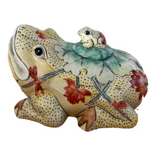 Large Scale Hand Painted Ceramic Frog Box With Smaller Frog Lid For Sale