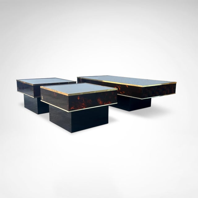 Coffee – and side tables in burl wood and acrylic glass by Eric Maville for Jean-Claude Mahey France 1980s, set of 3 Set...