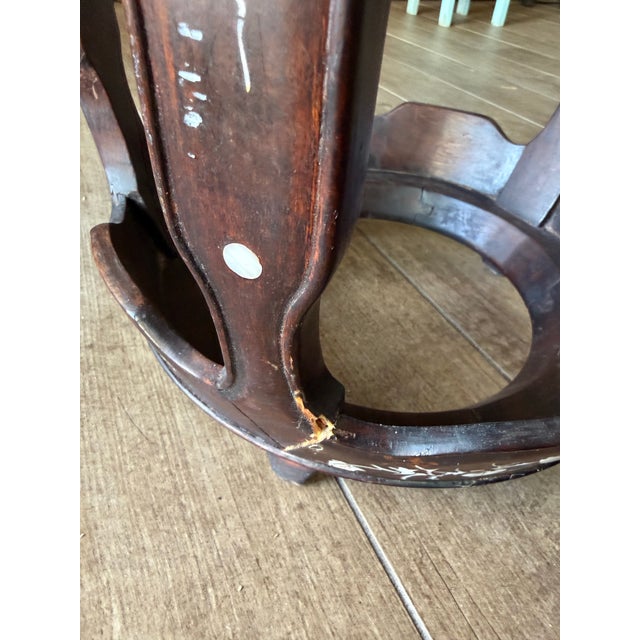 Mid 20th Century Pair Vintage Hardwood Drum Stools Mother of Pearl Inlay Chinese Chinoiserie For Sale - Image 5 of 8