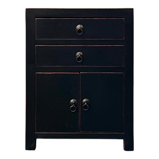 Chinese Oriental Distressed Black 2 Drawers End Table Nightstand For Sale