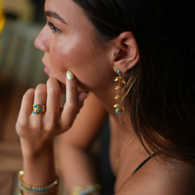 Trio Turquoise Gemstone & Gold Stylish Adjustable Cocktail Ring For Sale In Miami - Image 6 of 7