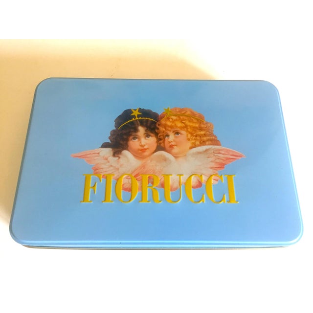 Vintage 1980s Fiorucci New Wave Italian Fashion Cherub Angels Post Modern Blue Tin Metal Box For Sale - Image 11 of 13
