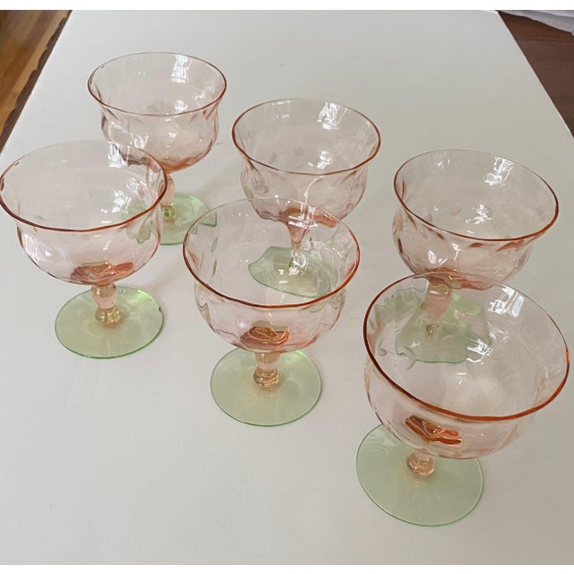 Art Deco Watermelon Glass Compote Glasses. Depression Glass From the 1920 - 30’s For Sale - Image 3 of 3