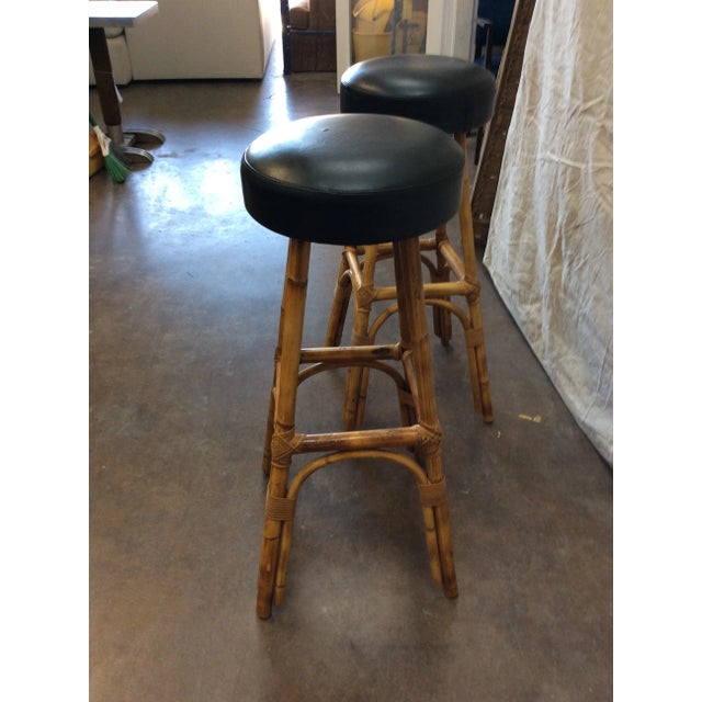 Mid 20th Century 1950s French Rattan and Bamboo Bar Stools - a Pair For Sale - Image 5 of 13