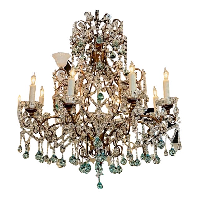 Antique Italian Beaded Crystal Chandelier With Aqua Teardrops For Sale