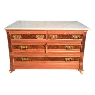1870–1890 Antique Eastlake Walnut & Burl Marble-Top Chest of Drawers For Sale