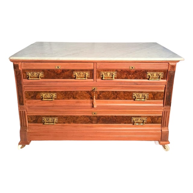 1870–1890 Antique Eastlake Walnut & Burl Marble-Top Chest of Drawers For Sale