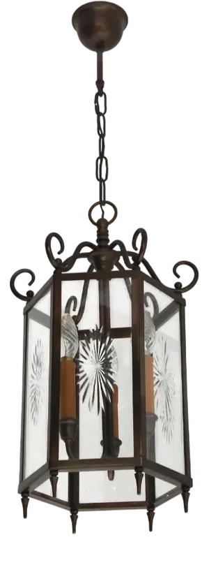 French Neoclassical Brass and Star Etched Glass Hanging Lantern, 1950s