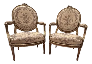 Antique French Pair of Louis XVI Style Carved Giltwood Fauteuils