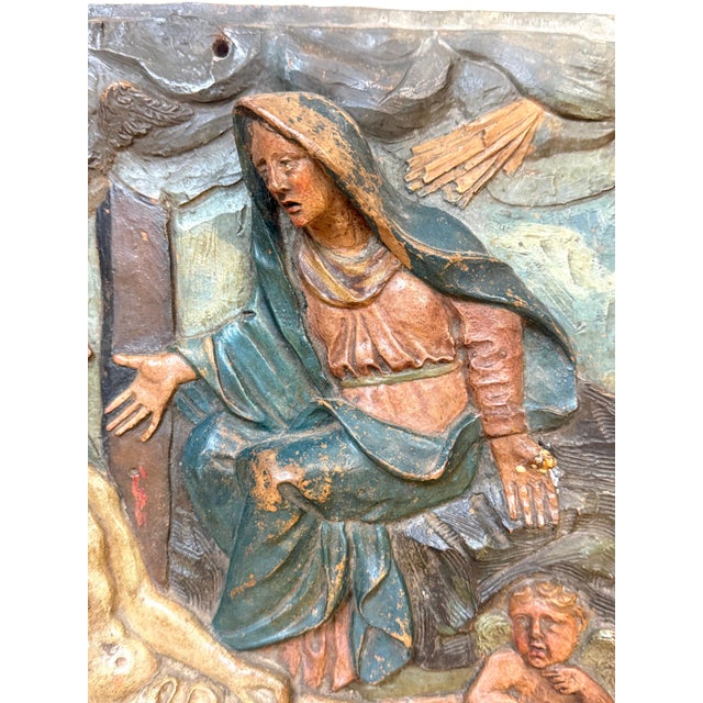 Beige 19th Century Italian Polychromed Terracotta Relief Plaque of the Pietà For Sale - Image 8 of 13
