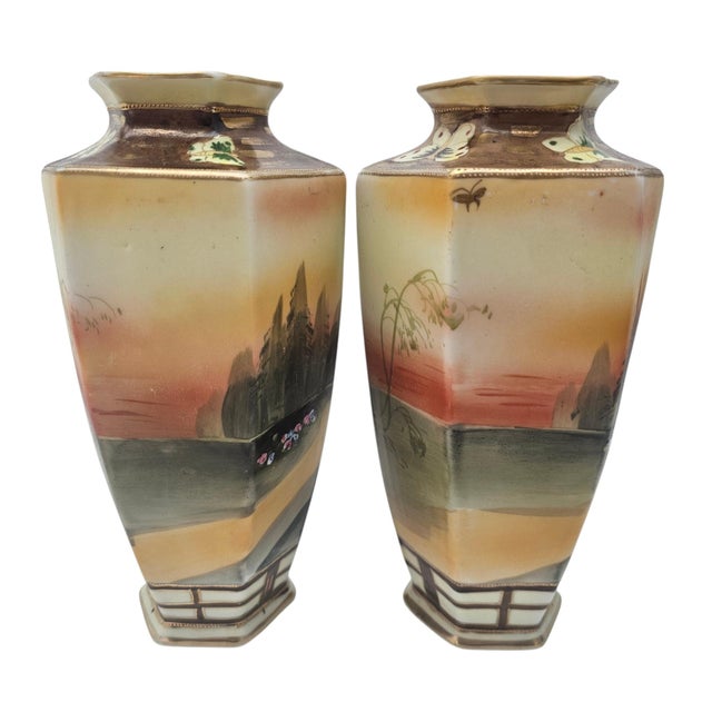 Pair Antique Nippon Imperial Mark Hand Painted Landscape Vases Moriage Gilt Porcelain 9.5” For Sale - Image 14 of 18