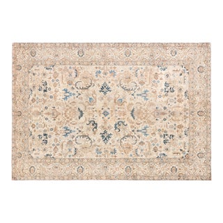 1930s Floral Persian Kirman Camel, Light Brown, Indigo Blue Handmade Wool Rug For Sale